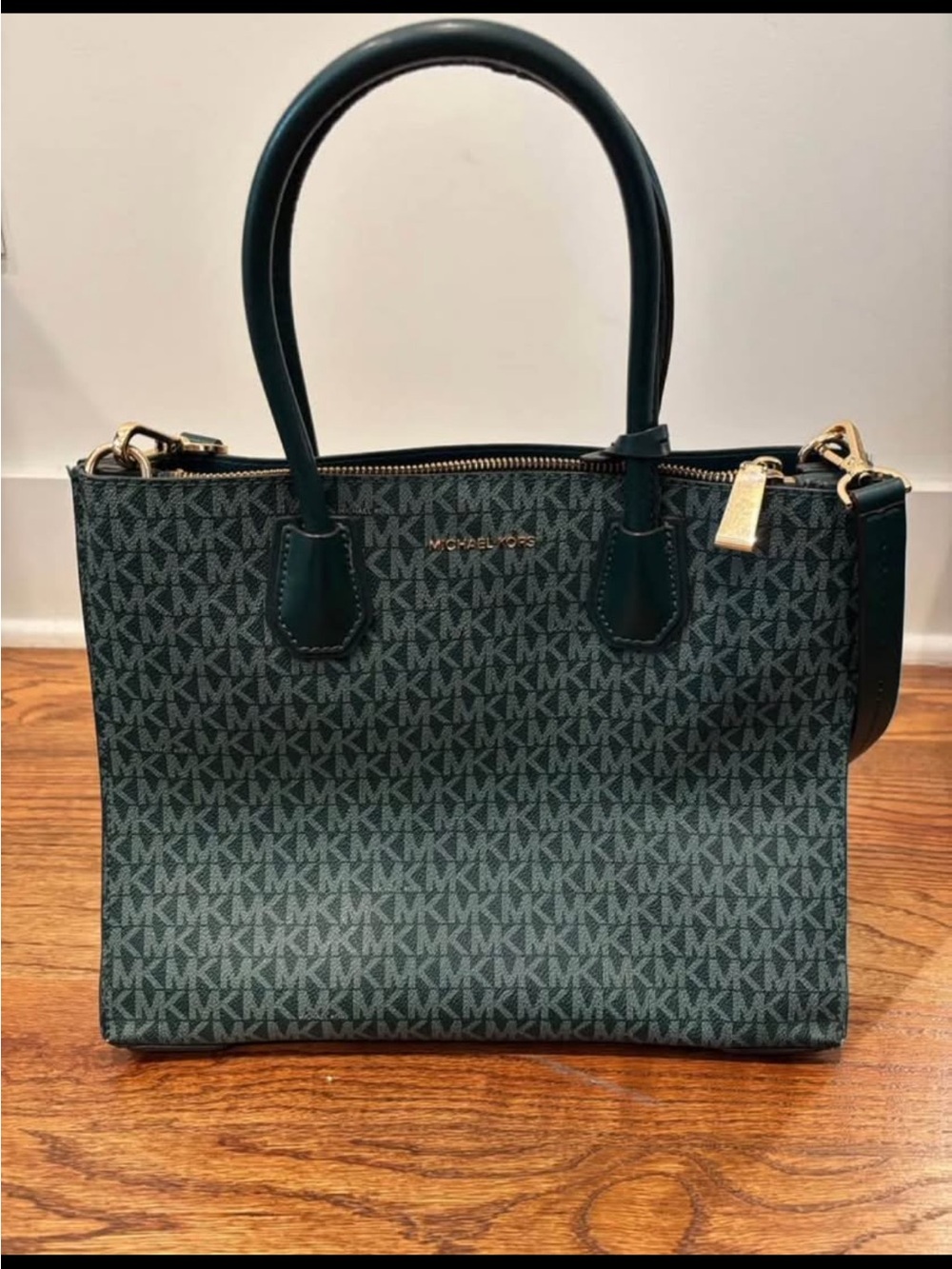 Michael Kors Dark Green MK Signature Satchel with Gold Hardware
